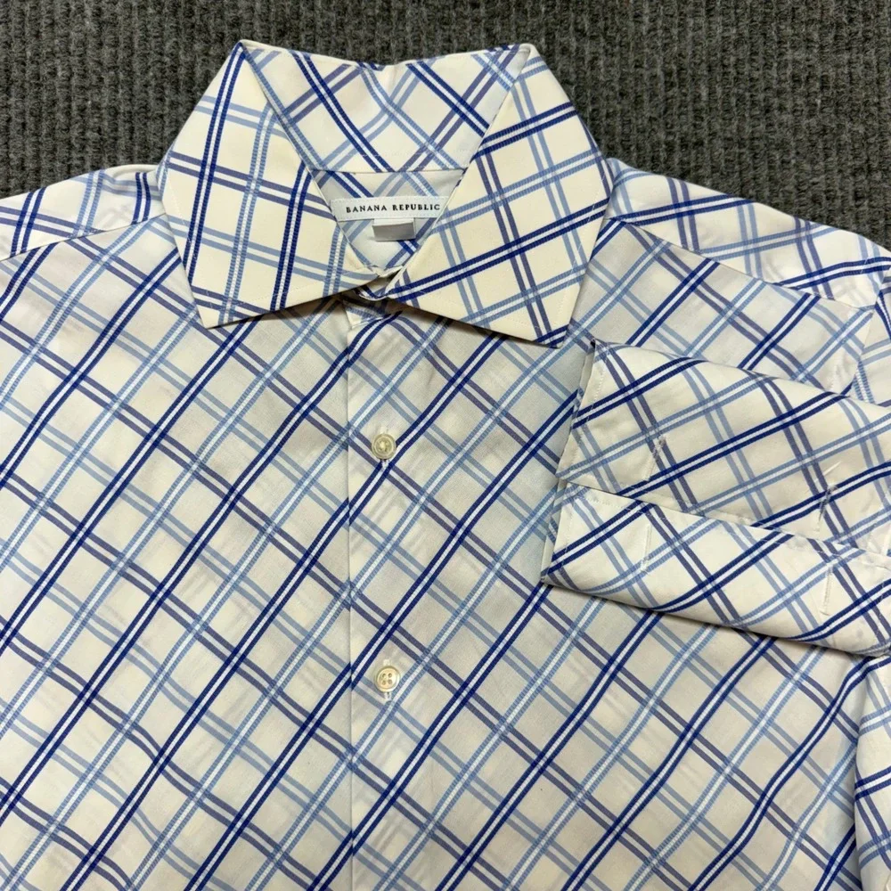 Banana Republic French Cuff Shirt Mens S Blue White Plaid Cotton Button Down